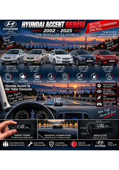 Hyundai Accent/accent Era/blue 2002-2026 Modeller İçin Head Up Display Hayalet Gösterge Ekranı Ön Cam Hız Göstergesi