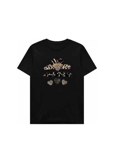 Leopar Kalpler Baskılı %100 Pamuk Kadın T-shırt Siyah