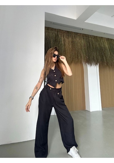 Hgfashion Kadın Yelek Pantolon İkili Takım Siyah Renk Siyah