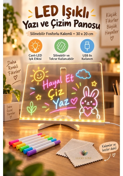 Led Işıklı Silinebilir Yazı Ve Çizim Panosu 30x20 Cm Fosforlu Kalemli Usb'li Katlanabilir Ayaklı Şeffaf