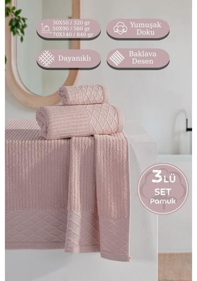 Cumba %100 Pamuk 3 Lü Havlu Takımı - 30x50, 50x90, 70x140 Pudra