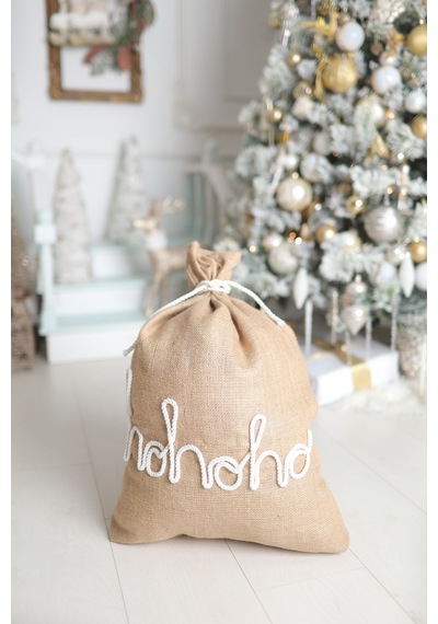 Jüt Ho Ho Ho Süslemeli Yılbaşı Hediye Çuvalı Kahverengi - 668487539