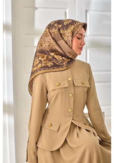 Silk Home Twill İpek Eşarp 11482-01 Kahverengi, Koyu Vizon, Gold, Krem