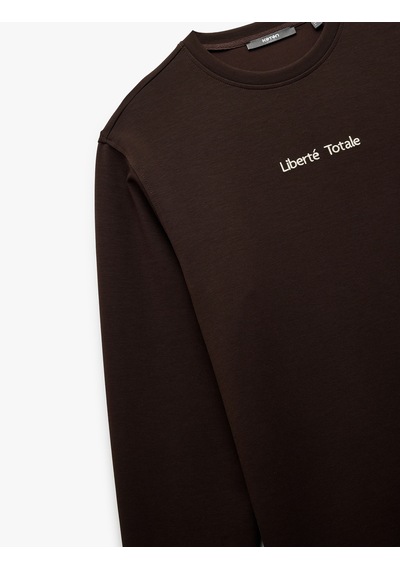 Koton İşleme Detaylı Uzun Kollu Bisiklet Yaka Sweatshirt Kahverengi 6wam70077mk Kahve
