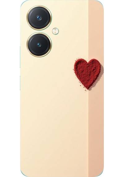 Vivo Y27 Uyumlu Krem Zeminli Kırmızı Kalp Baskılı Silikon Kılıf Renkli