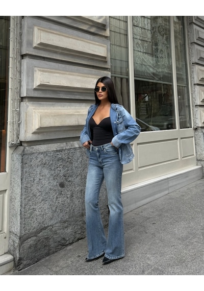 Out Of Standart Kadın Midwaist Flare Yüksek Bel Geniş Paça Jean Pantolon İce Blue