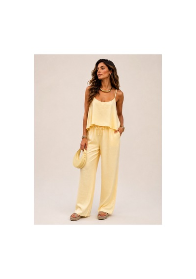 Ruby Plus Gold Ayarlanabilir Askılı Bluz Beli Lastikli Bol Paça Pantolon Tencel Takım Sarı