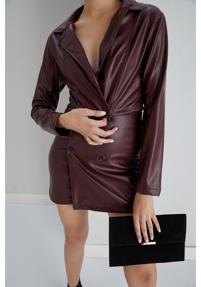 Winmoda34 Şortlu Takım Ceket Suni Deri Şort Etek Ceket Ikili Takım Bordo