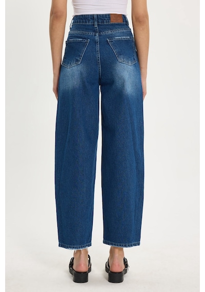 Tudors Kadın Relax Fit Rahat Kesim %100 Pamuk Cepli Geniş Paça Lacivert Jean Kot Pantolon-50730