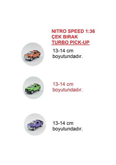 Nıitro Speed 1:36 Çek Bırak Turbo Pick-up 3'lü Canlı Renkler Mavi, Sarı, Kırmızı