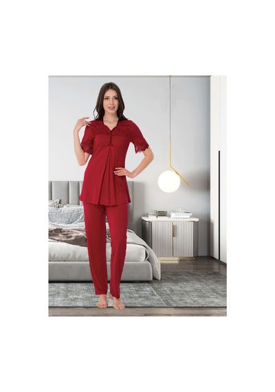 Effortt Dvina Lohusa Hamile Kısa Kollu Pijama Takımı - Kırmızı Kırmızı
