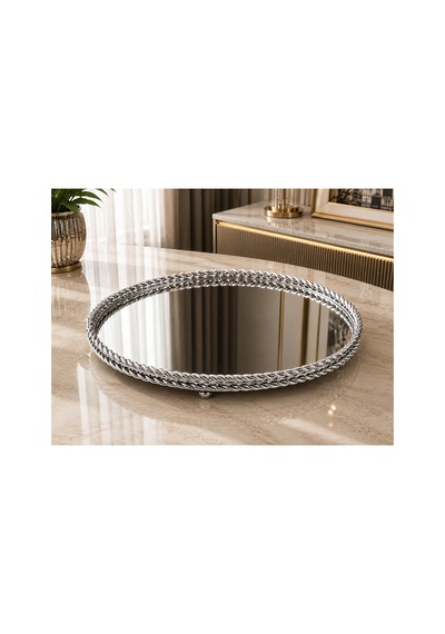 Sleep Nova 651612412 Gümüş Metal Çerçeveli Aynalı Dekoratif Tepsi 35 X 13 Cm