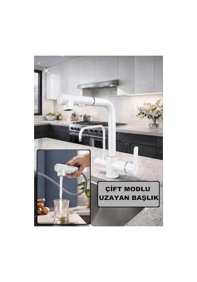 Rena Design Beyaz Aritmali Spiralli 2 Modlu Başlik L Boru Mutfak Evye Bataryasi Prinç Armatür Musluk