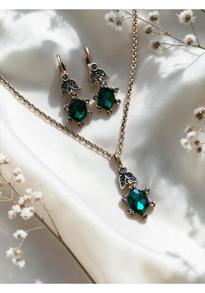 Oval Kristal Taşlı Kolye Ve Küpe Seti Yeşil
