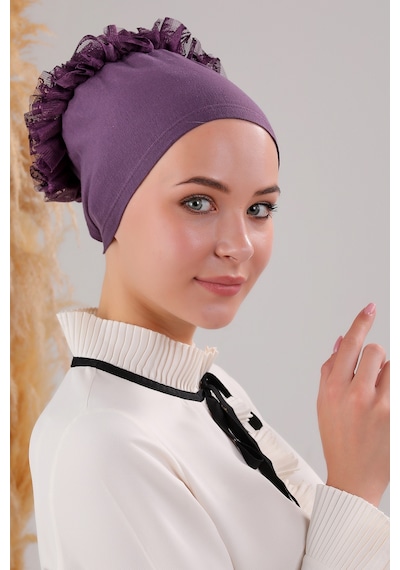 Melodi Scarf Kadın Tesettür Önü Dikişsiz Fırfırlı Penye Bone Mor