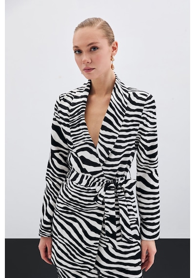 Sateen Kuşaklı Zebra Ceket - Siyah-135434 Siyah