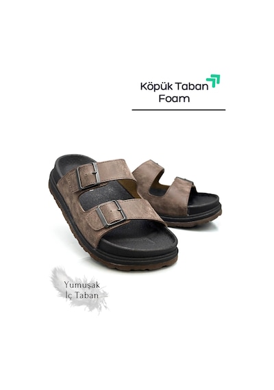 Sermoda Çift Toka Ayarlanabilir Genişlik Köpük Taban Rahat Deri Erkek Terlik Kahve