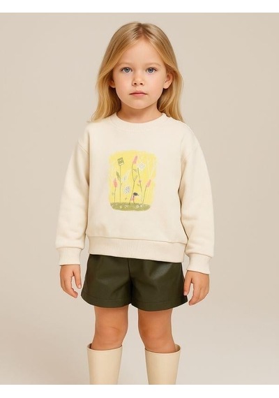 Kız Çocuk Önü Baskılı Boncuk Detaylı Sweatshirt-16130 KREM