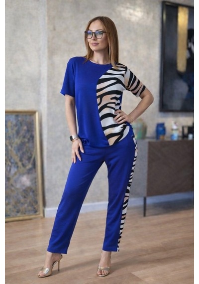 Dogutrend Kadın Kısa Kollu Bisiklet Yaka Zebra Desen Bluz Ve Pantolon Ikili Takım Saks Mavi