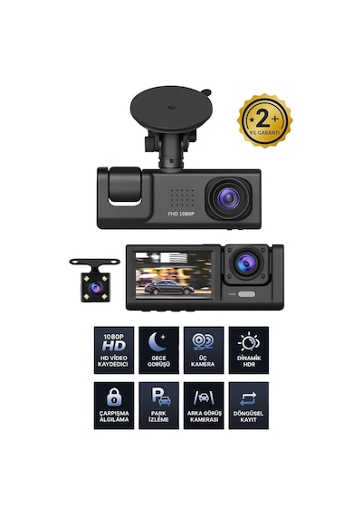 1080p Wifi Full Hd Araç Içi Kamera Arka Ön Iç Kayıt 3 Kamera Gece Görüşlü Gsensör Geniş Açı