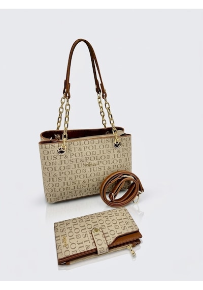 Just Polo Özel Günlere Uygun Baskılı Şık Omuz Çantası Ve Cüzdanı Kombin Shopper Vizon - Taba