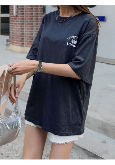 Flood Of Style Kadın Lacivert Mountaın Oversize Bisiklet Yaka Tshirt