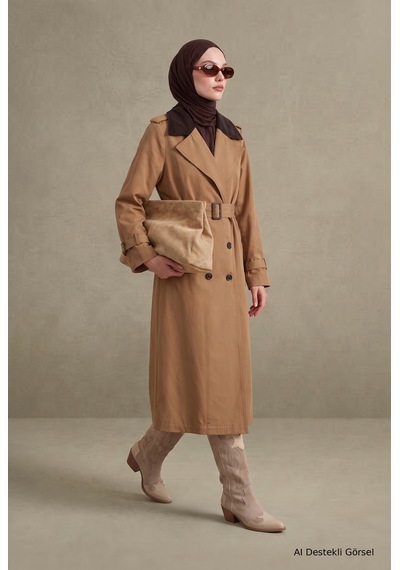 Avenna Kontrast Yaka Belden Kemerli Yandan Cepli Kap 125 Cm Boy Camel 26kt713