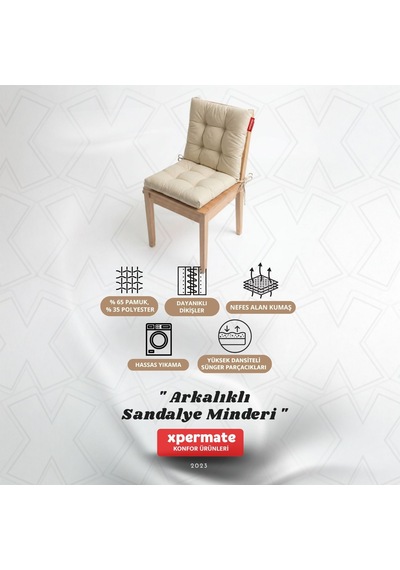 Pofuduk Arkalıklı Sandalye Minderi Bağcıklı Yıkanabilir Dekoratif Minder Bej