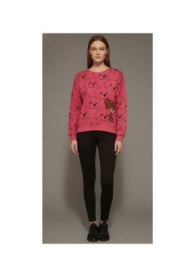 The Kadın Pembe Ayıcık Baskılı Sweatshirt 3 İplik Şardonsuz, %100 Pamuk Rahat Kalıp Pembe