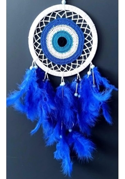 Saks Mavisi Kuş Tüylü Dream Catcher Nazar Boncuğu Motifli Düş Kapanı Duvar Süsü