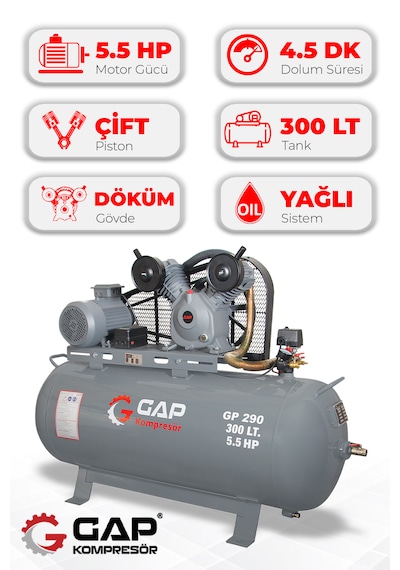 Gap Kompresör GP290 Pistonlu 300 L 2 Kafa 8Bar 5.5HP Hava Kompresörü