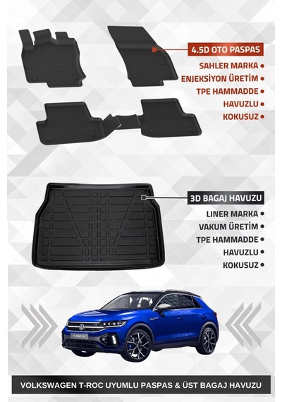 Sahler Volkswagen T-roc 2019-2025 Uyumlu 4.5d Sahler Premium Paspas + Liner Marka 3d Üst Bagaj Havuz