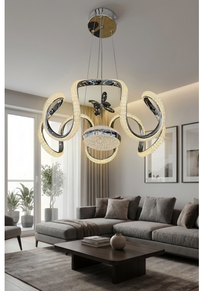 Eliza Tek Top Simli Modern Sarkıt Oturma & Salon Led Avizesi Krom