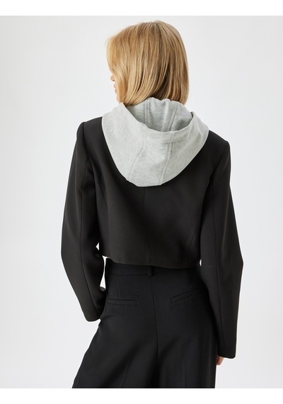 Koton Kapüşonlu Crop Blazer Ceket Kruvaze Düğmeli Siyah 5wak50052uw