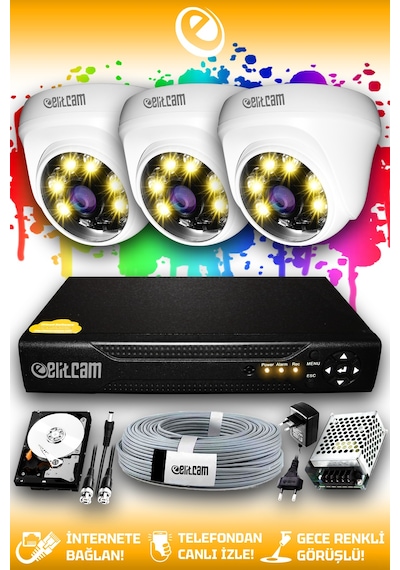 Elitcam 3 Kameralı Dome 3 İç Kamera Set 1 TB HDD Full HD Renkli Gece Görüşlü Güvenlik Kamerası Sistemi