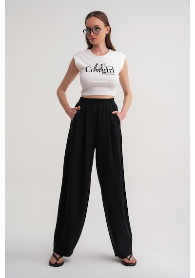 Mixray 4682 Kadın Beli Lastikli Jogger Bol Keten Pantolon Siyah