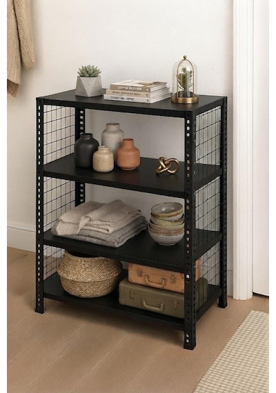 4 Katlı Renkli Tel Kafesli Dekoratif Çelik Raf - Çiçeklik Rafı, Ofis Rafı 0,70 Mm Sarı-43x60 Cm-200 Cm