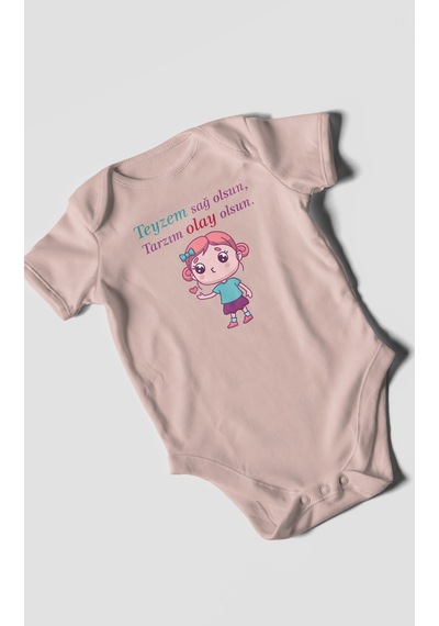 Teyzem Sağ Olsun,tarzım Olay Olsun Baskılı Bebek Zıbını Çıtçıtlı Body %100 Pamuk Kısa Kol Pastel Pembe