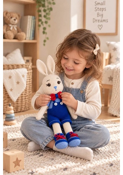 El Yapımı Amigurumi Tavşan Oyuncak Mavi Tulumlu Kırmızı Papyonlu 48 Cm