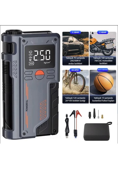 Digital Gösterge Turbo Akü Takviye Ve Lastik Şişirme Pompası Powerbank Akü Starter Psı Basınç Göstergeli El Feneri Acil Durum Seti Digital Gösterge Turbo Akü Takviye Ve Lastik Şişirme Pompası Powerbank Akü Starter Psı Basınç Göstergeli El Feneri Acil Durum Seti