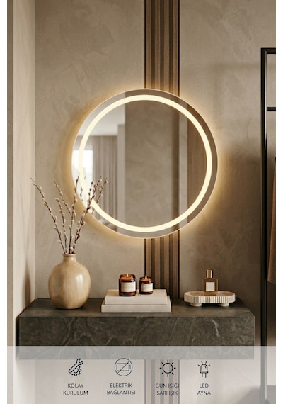 50 Cm Kumlamalı Led Ayna, Banyo, Antre, Salon, Dekoratif Gün Işığı Duvar Aynası