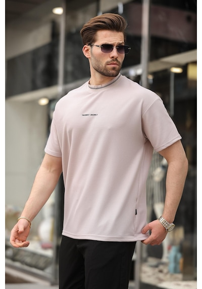 Madmext Bej Nakış Detaylı Basic Erkek T-shirt E7106 Bej