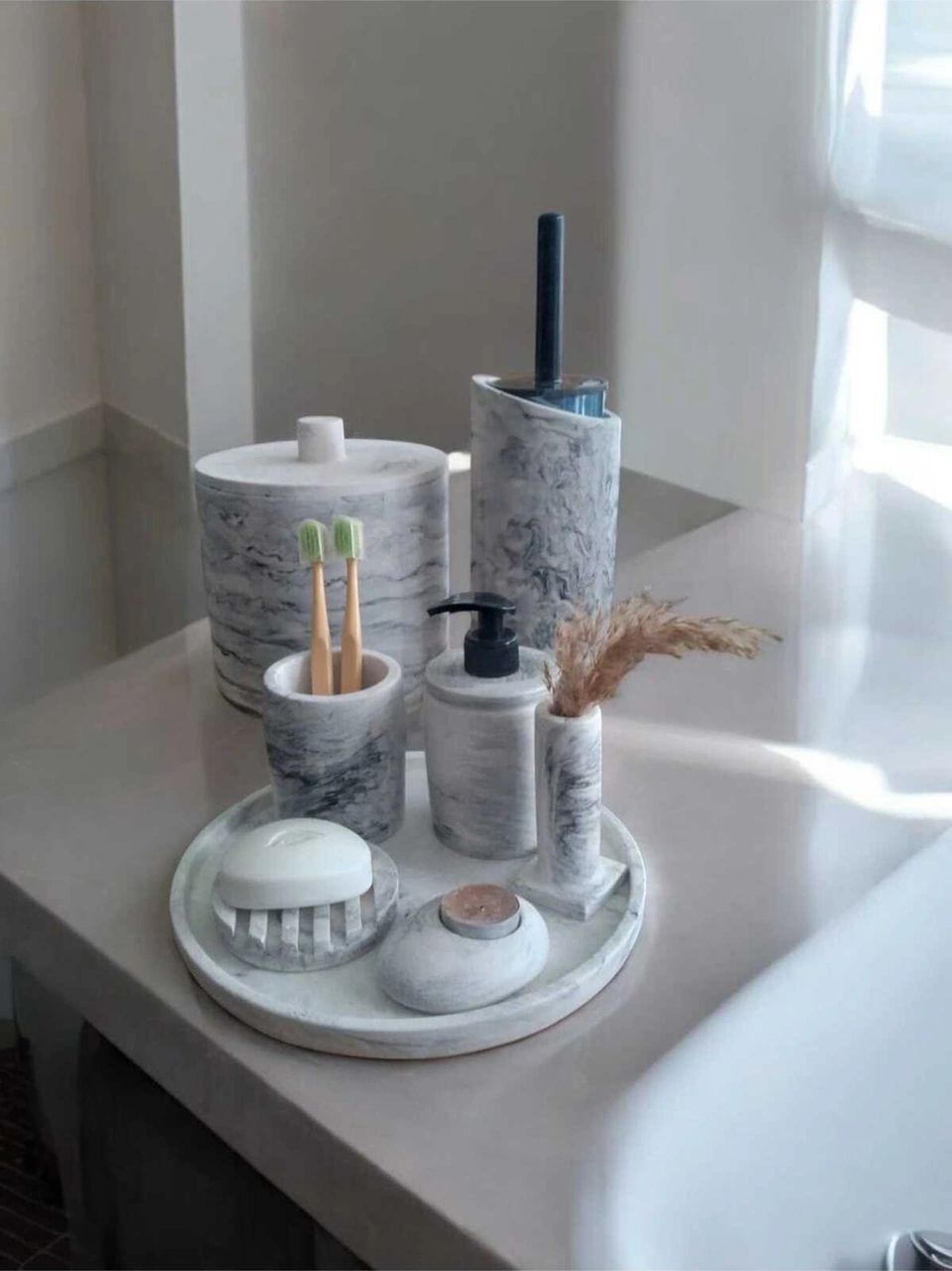 Marble Beton Banyo Seti,çöp Kovasi,tuvalet Wc,sabunluk,diş Fırçalık,mumluk,tepsi,aksesuar,dekorasyon Gri