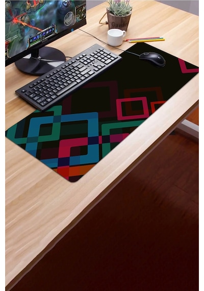 Sonictouch Renkli Kareler Siyah Gamer Oyuncu Dikişsiz Sıvı Geçirmez Klavye Mouse Pad 32x70cm Mousepad