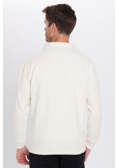 Tudors Unisex Relax Fit Rahat Kesim Fitilli Desenli Pamuklu Yarım Fermuarlı Ekru Dik Yaka Sweatshirt-31988 Ekru