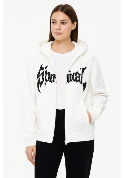 Valensdesign Oversize Kapüşonlu Sweatshirt Hoodie 3 İplik Şardonlu Pamuklu Kumaş, Önü Baskılı, Fermuarlı Rahat Ka Beyaz