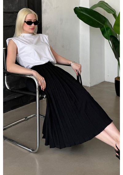 Madmext Siyah Pileli Midi Boy Kadın Etek Mg2393