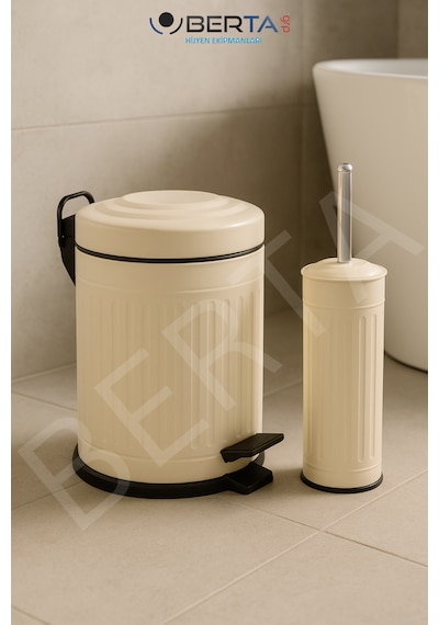 Vintage Banyo Seti Beyaz Çöp Kovası 5lt Tuvalet Fırçası Lüks Model - Mini Boy Çöp Poşeti Hediyelidir Krem