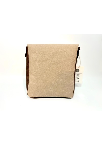 Natderi Hakiki Deri Ve Kanvas Omuz Çantası 20x21 Cm Ayarlanabilir Askılı, Ön Cepli Unisex Günlük Çanta Açık Bej - Acı Kahve