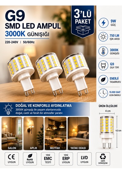 3 Adet 9w 750 Lm 3000k Günışığı G9 Smd Led Ampul